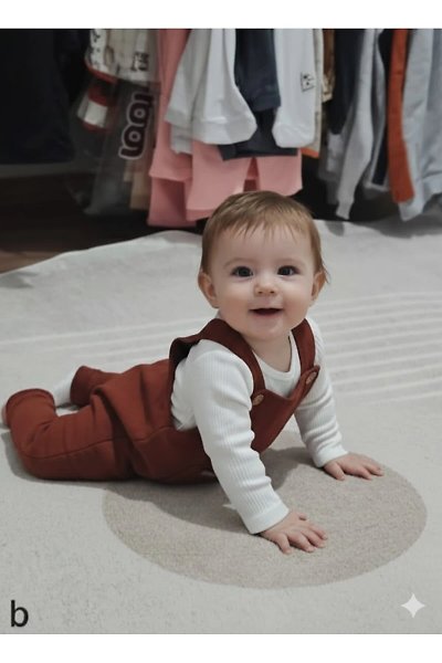 Müslin Dokulu Bebek 3'lü Takım - Kiremit Rengi Şişme Yelek, Salopet ve Fitilli Body Seti 9 AY