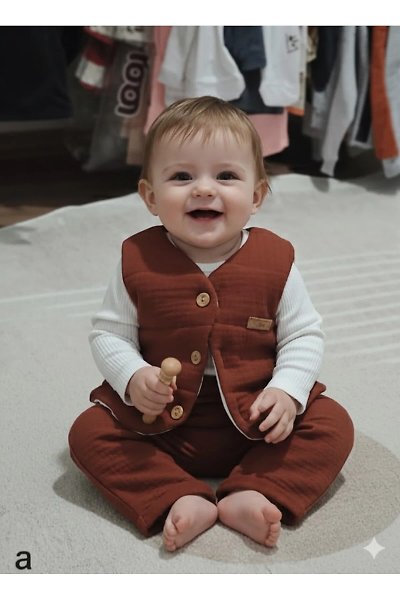 Müslin Dokulu Bebek 3'lü Takım - Kiremit Rengi Şişme Yelek, Salopet ve Fitilli Body Seti 9 AY