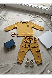 Erkek Çocuk Hardal Sarısı Cargo Cepli İkili Takım - Pamuklu Sweatshirt & Jogger