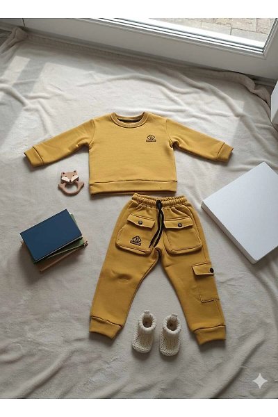 Erkek Çocuk Hardal Sarısı Cargo Cepli İkili Takım - Pamuklu Sweatshirt & Jogger