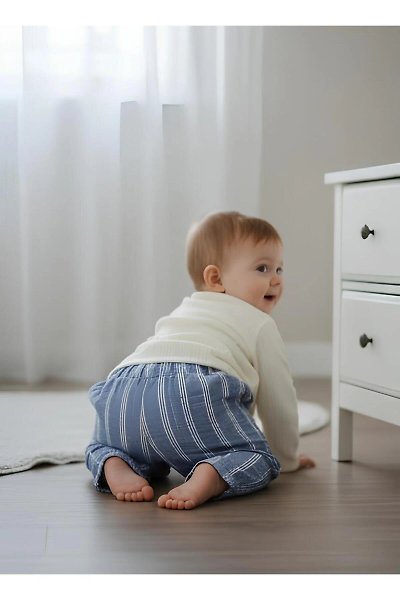 %100 Pamuk Bebek Mavi Çizgili Pantolonlu 2'li Kombin Set - Düğmeli Ekru Hırka Takım