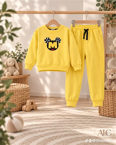 Sarı Mickey Baskılı Çocuk Eşofman Takımı – Pamuklu Sweatshirt ve Alt İkili Takım 3-4 YAŞ