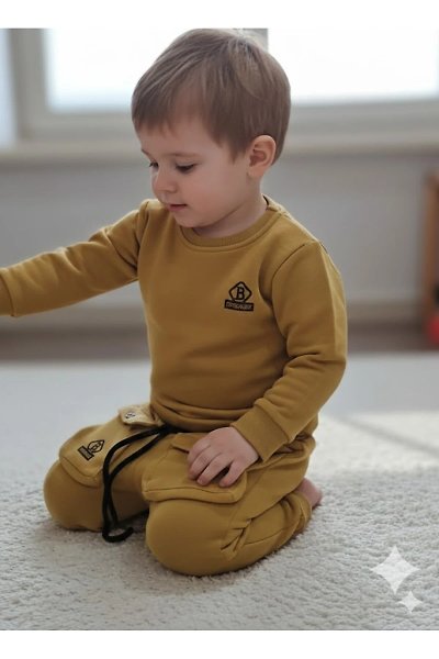 Erkek Çocuk Hardal Sarısı Cargo Cepli İkili Takım - Pamuklu Sweatshirt & Jogger