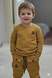 Erkek Çocuk Hardal Sarısı Cargo Cepli İkili Takım - Pamuklu Sweatshirt & Jogger