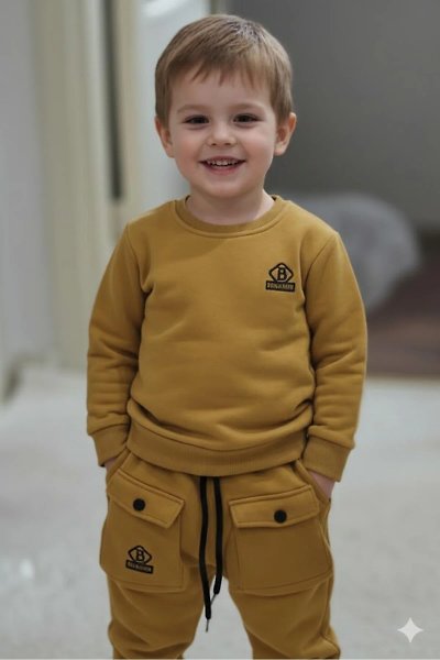 Erkek Çocuk Hardal Sarısı Cargo Cepli İkili Takım - Pamuklu Sweatshirt & Jogger
