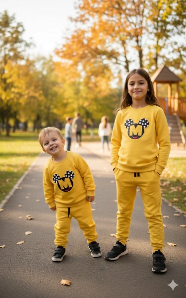 Sarı Mickey Baskılı Çocuk Eşofman Takımı – Pamuklu Sweatshirt ve Alt İkili Takım 3-4 YAŞ